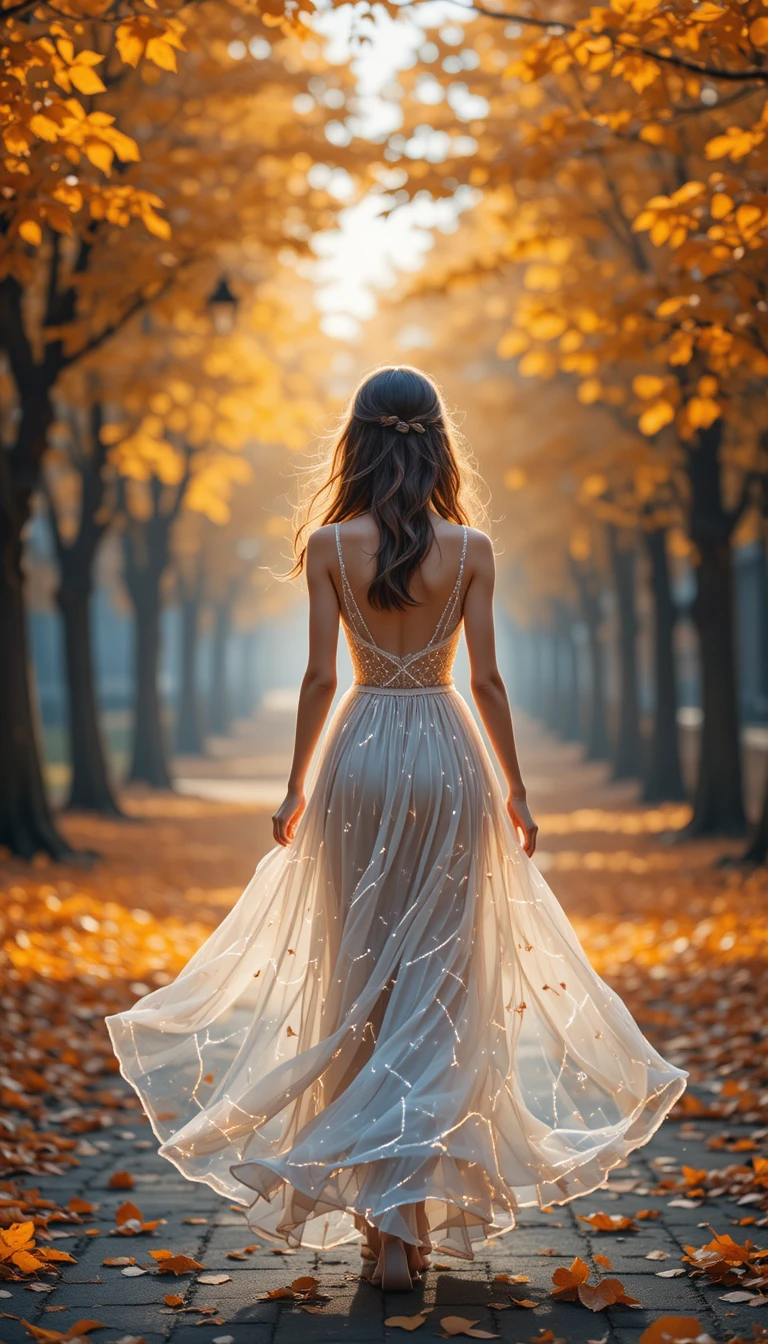 Eine junge Frau geht in einem fließenden Kleid durch eine herbstliche Straße