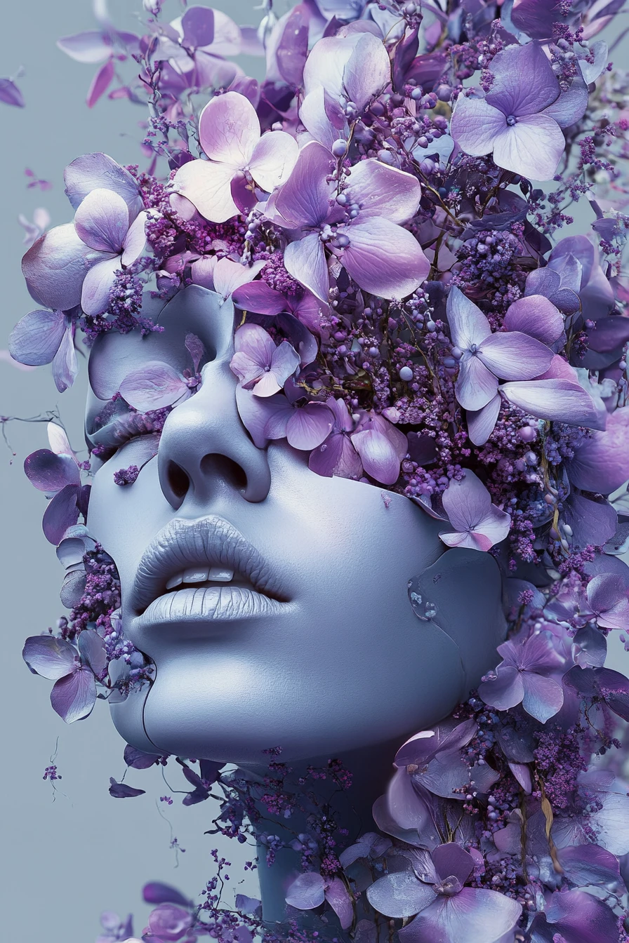 Surreal biomorphic shapes with floral accents in pastel metallic lilac