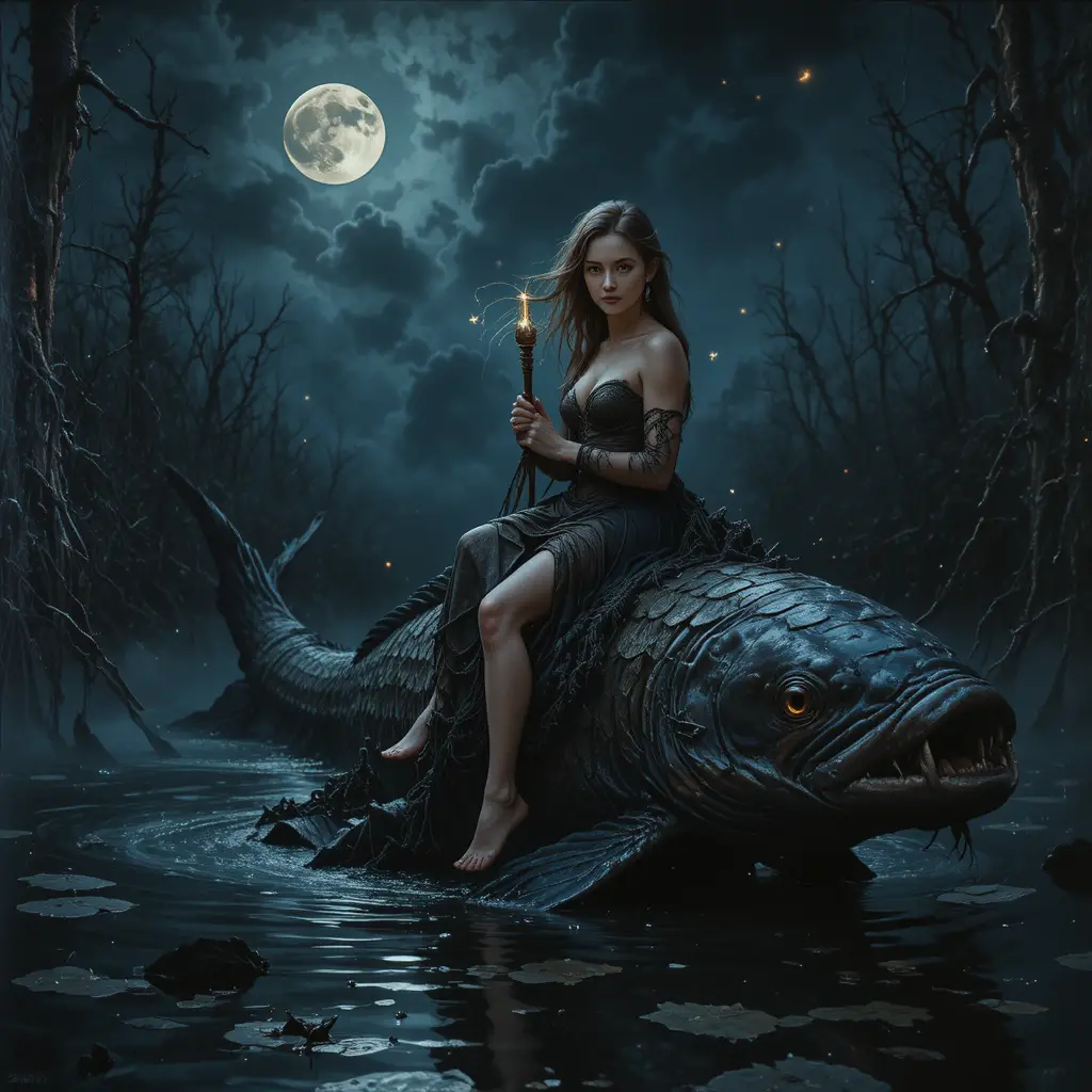 Une jeune fille loup-garou traverse un marécage au clair de lune sur un silure géant