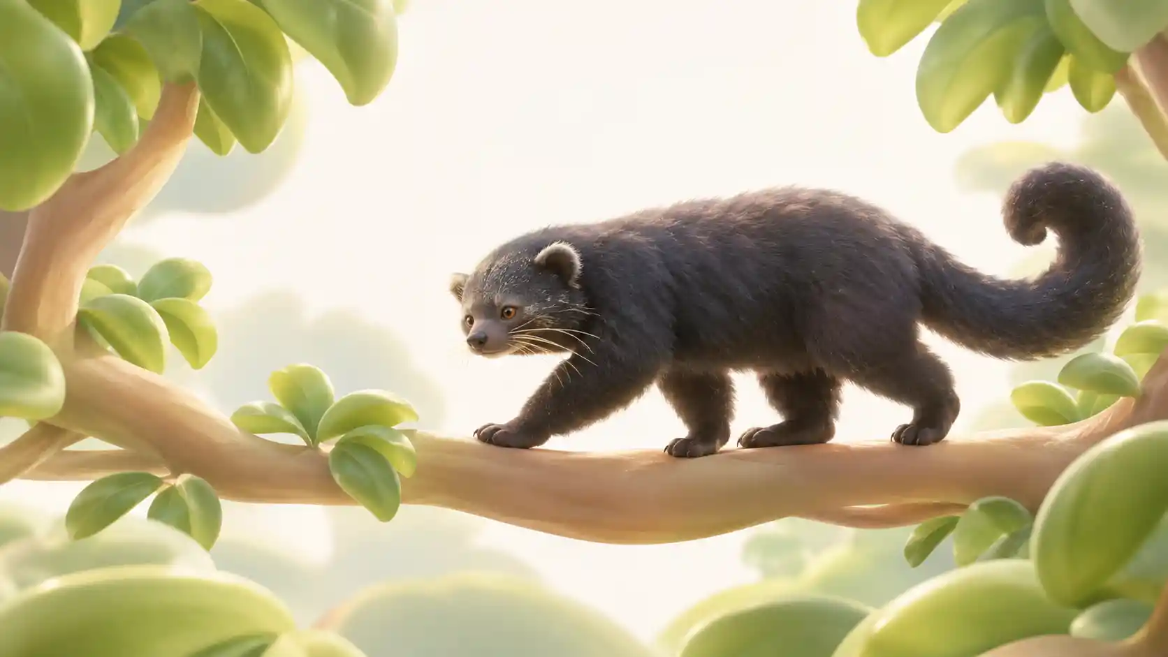 Um binturong caminha tranquilamente por um galho no dossel da Indonésia