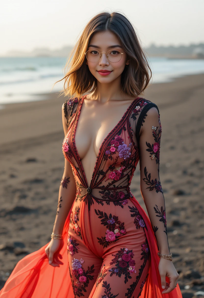 Uma mulher caminha por uma praia de areia preta, em corpo inteiro