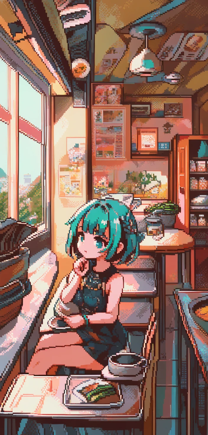 Uma garota sentada em um café em pixel art ao lado de um pôster com texto