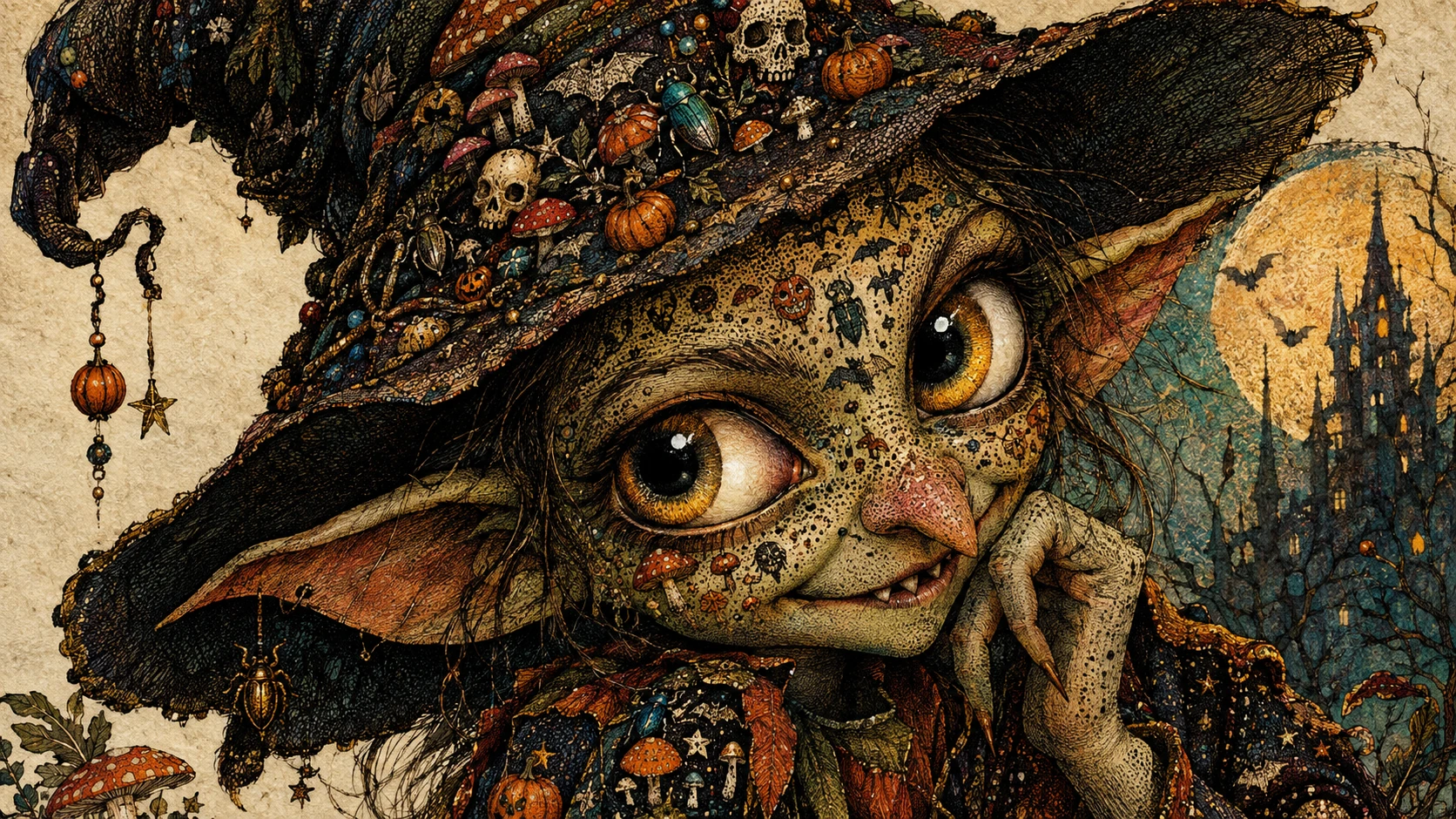 Um retrato travesso de um goblin feito de pequenos símbolos de Halloween