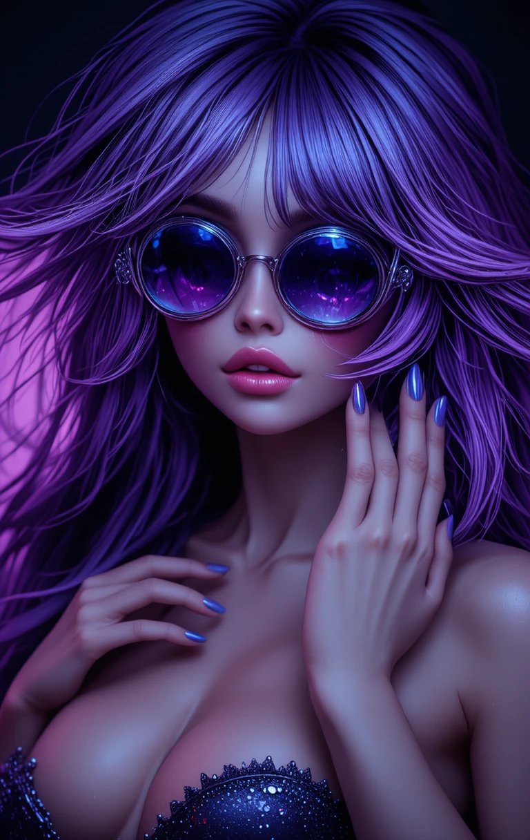 Uma mulher glamorosa com óculos metálicos futuristas e cabelos roxos esvoaçantes