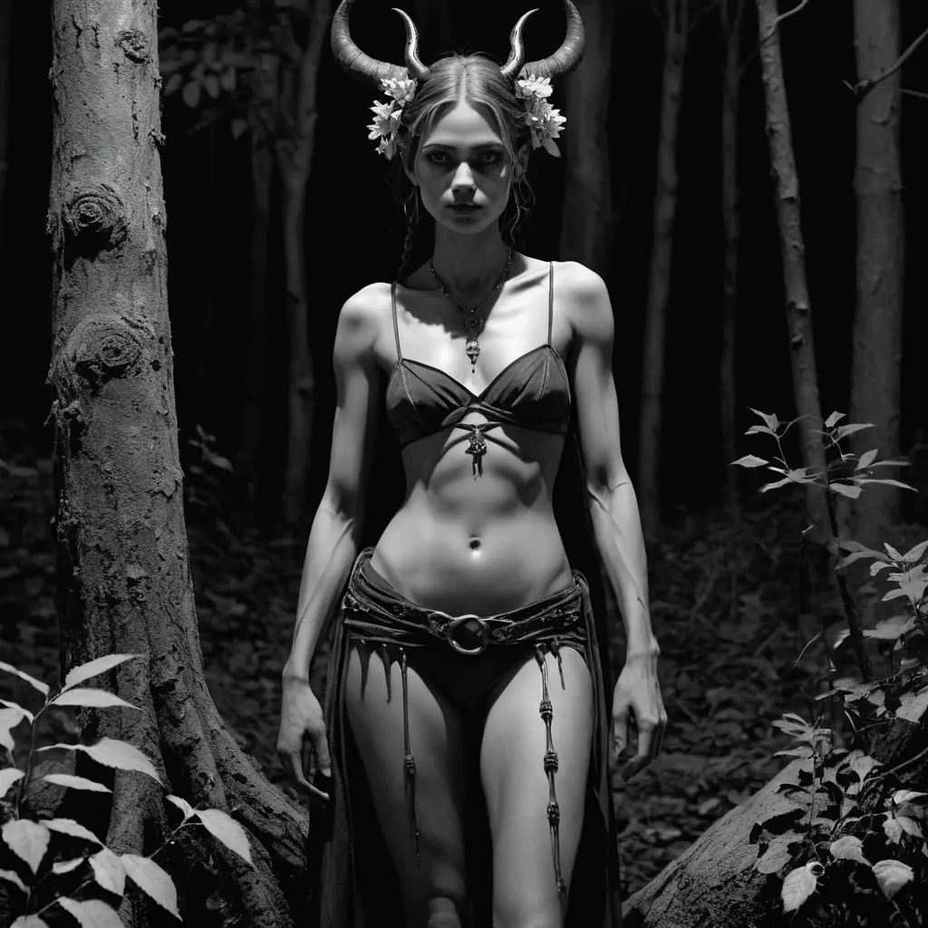Une jeune sorcière sous une immense lune dans une forêt sombre