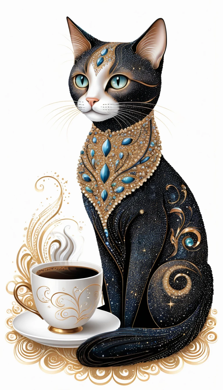 Um gato café sobre fundo branco com detalhes de pó estelar aerografados