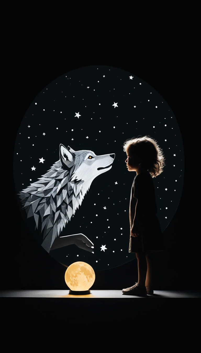 Uma criança e um pequeno lobo afastam longos cabelos enquanto surgem o sol e as estrelas