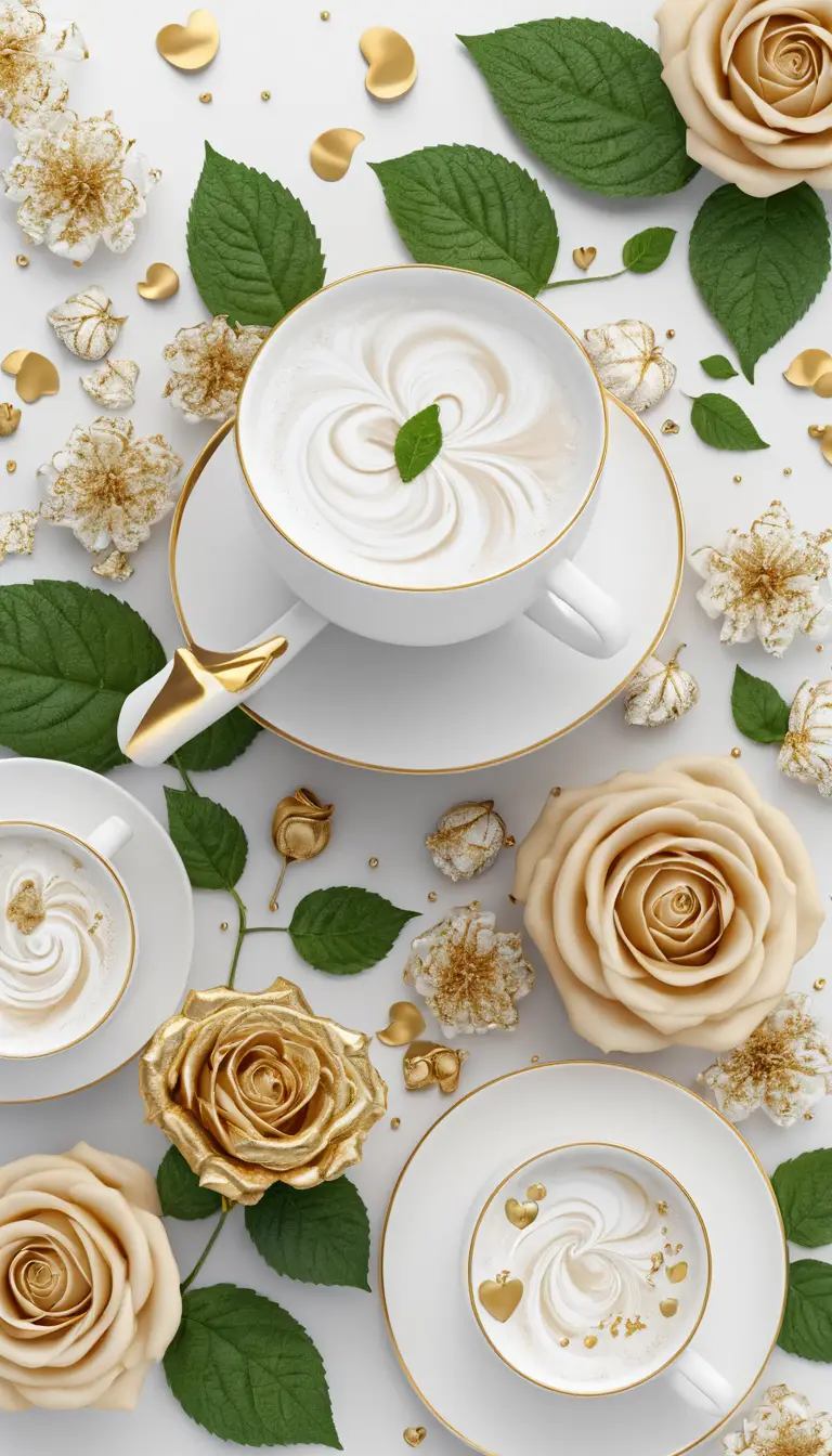 A white coffee cup with roses, mint, and golden fractal circles
