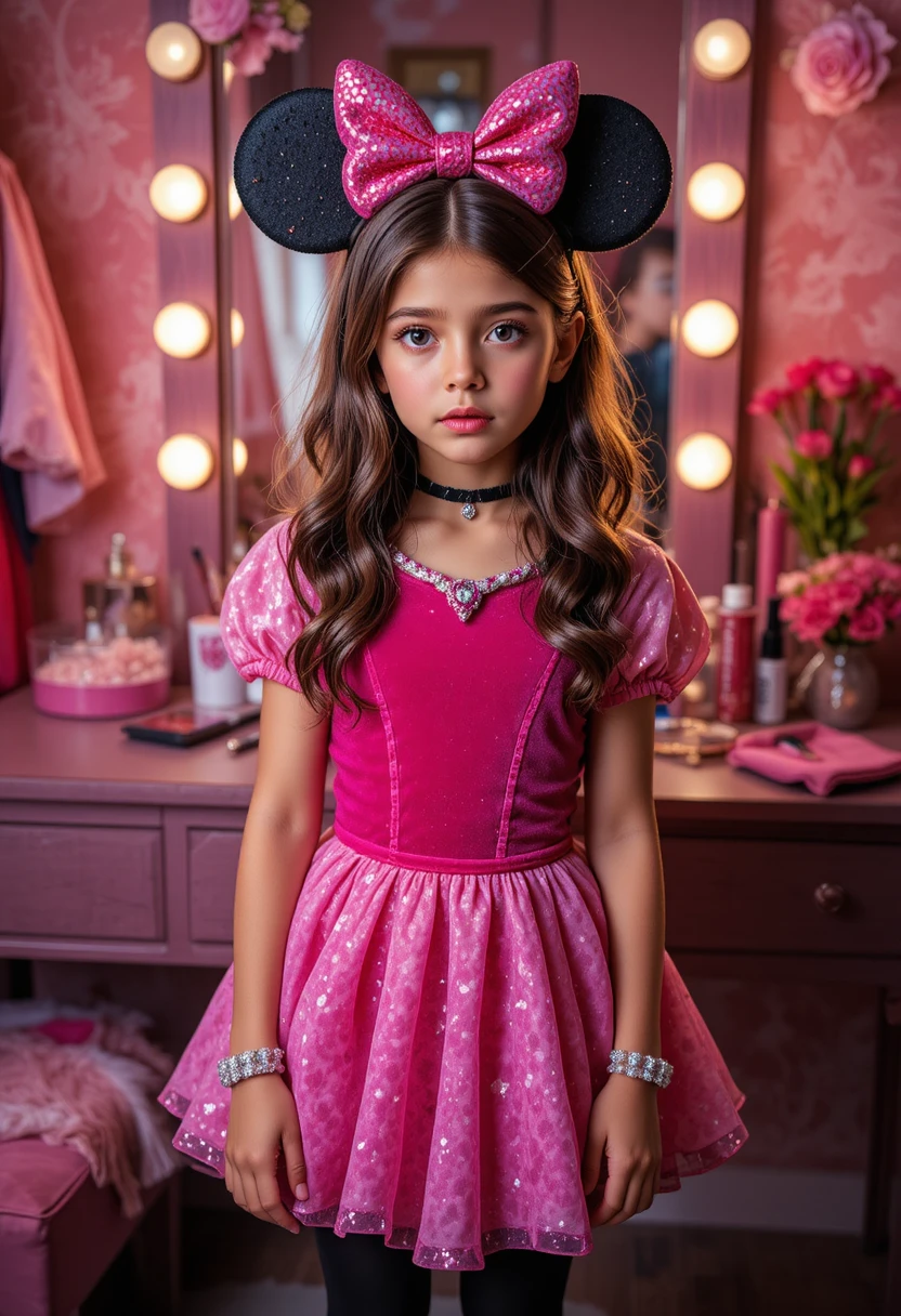 Um menino pré-adolescente nervoso faz beicinho diante de uma penteadeira, usando uma fantasia de princesa da Minnie Mouse