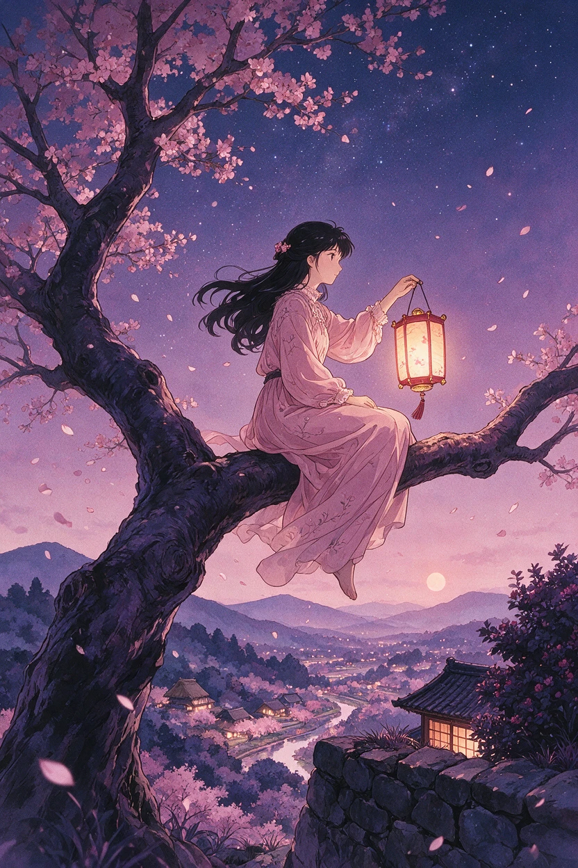 Une jeune femme assise avec une lanterne sur une branche de cerisier en fleurs
