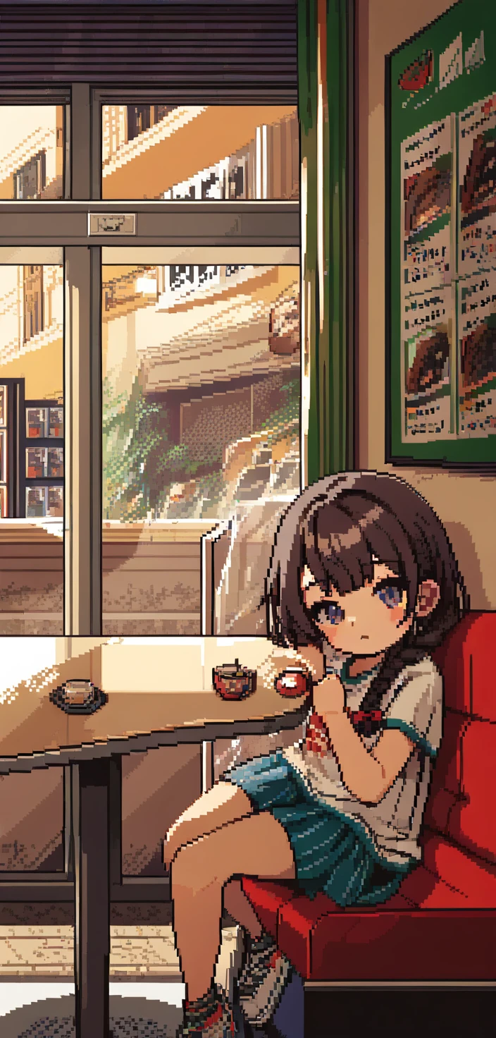 Uma garota em pixel art sentada em um café com um cartaz sobre abacaxis