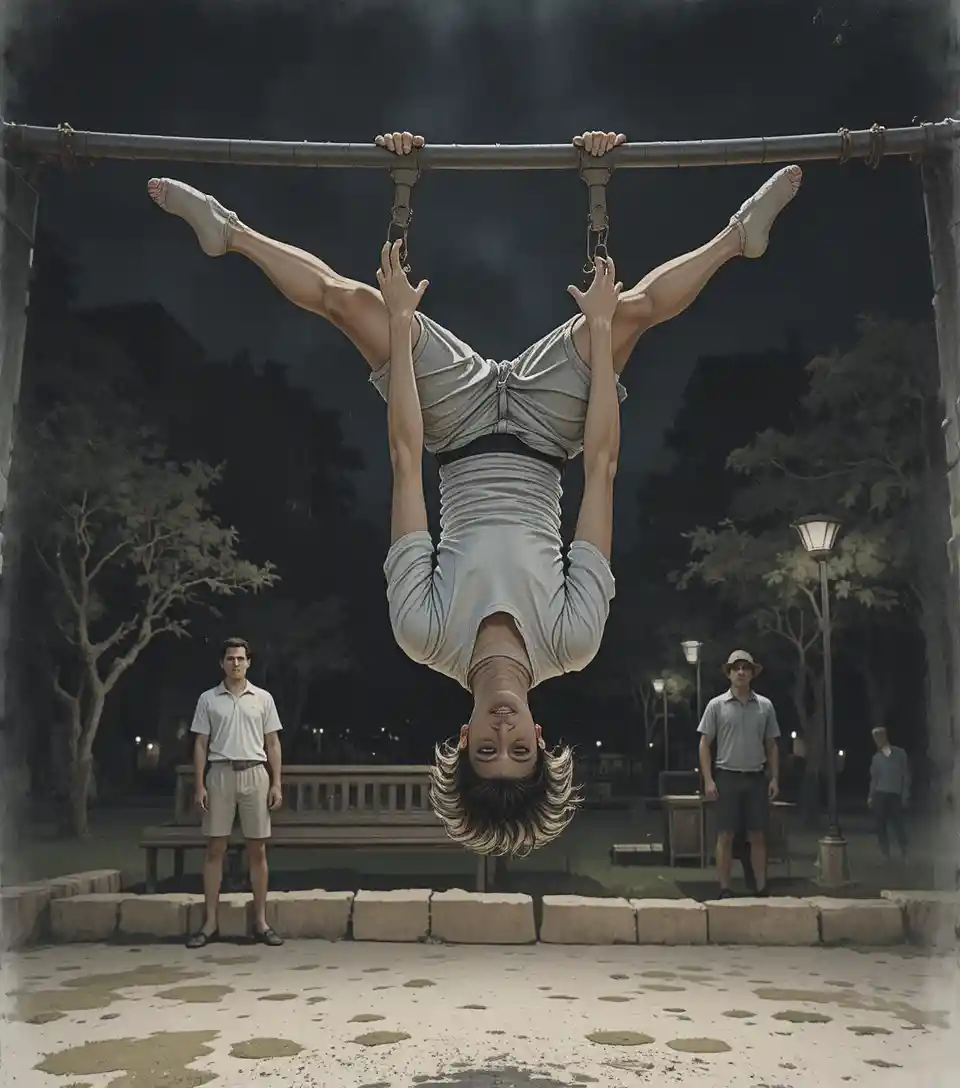 A person flips upside down while gripping a bar in a dark park