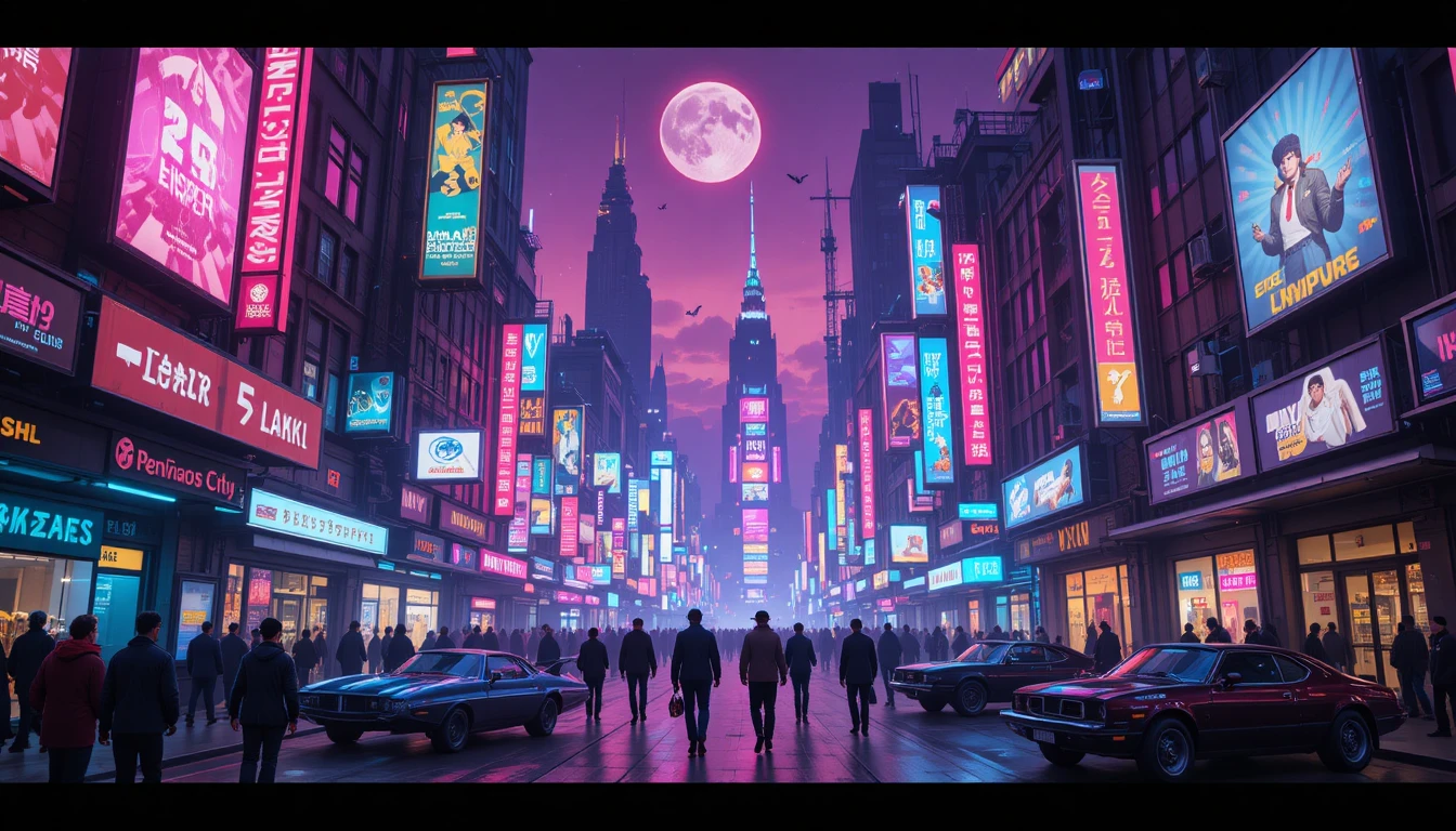Pedestres lotam uma rua retrofuturista sob enormes letreiros de néon