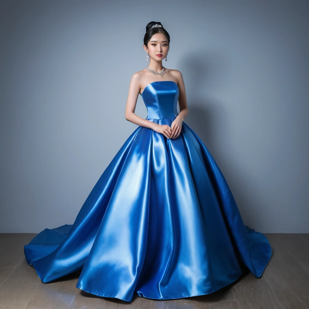 身穿亮眼藍色平口舞會禮服的年輕日本女性