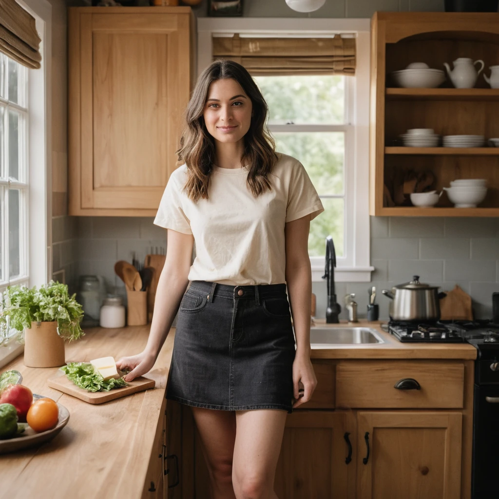 Uma mulher prepara um almoço simples numa cozinha bem iluminada