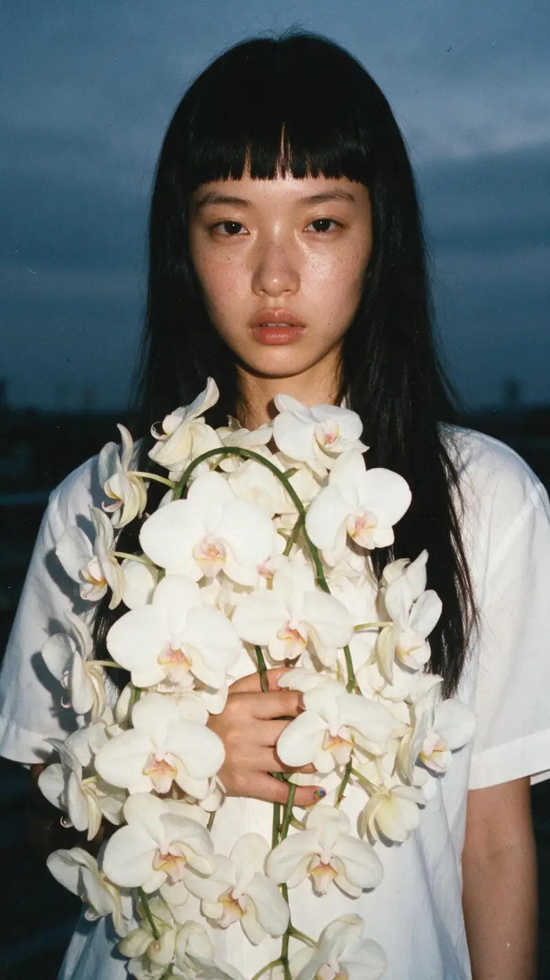 Junge Frau mit weißen Orchideen – ein authentisches Outdoor-Fashionporträt
