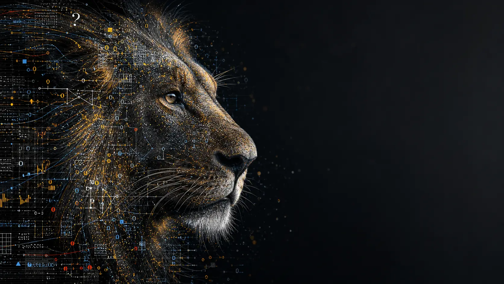 A lion portrait formed from flowing data glyphs against dark space