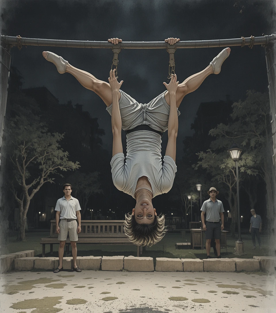A person flips upside down while gripping a bar in a dark park