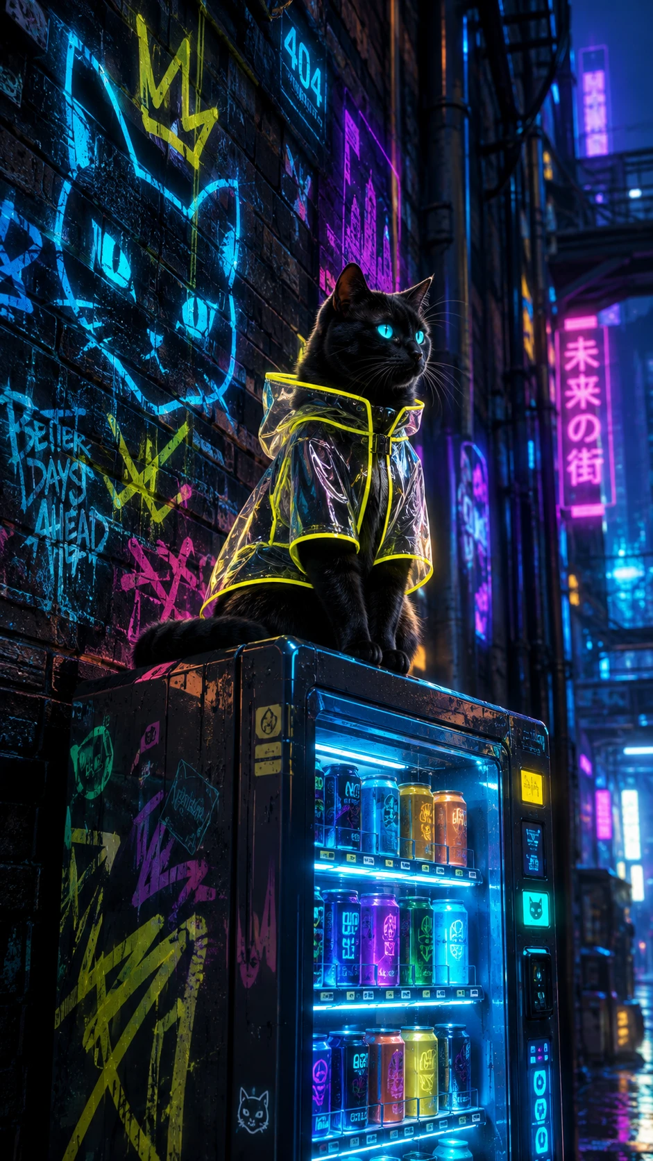 Un chat noir se perche au-dessus d'un distributeur dans une ruelle néon