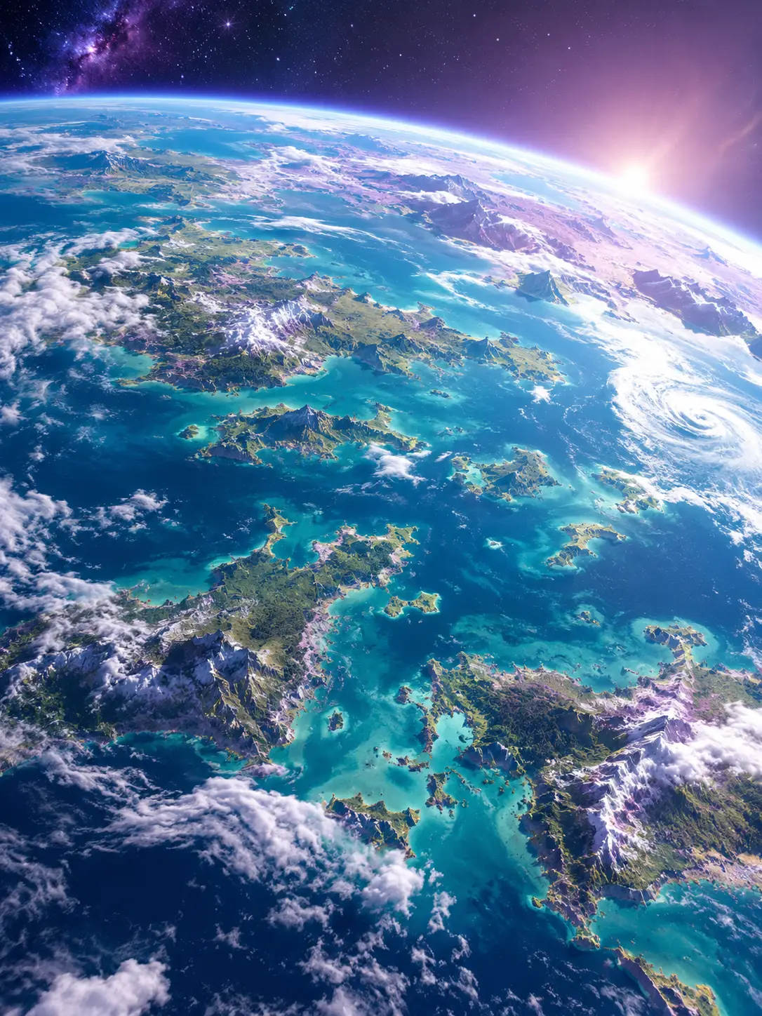 Ein bewohnbarer Exoplanet mit türkisfarbenen Ozeanen und unregelmäßigen Kontinenten