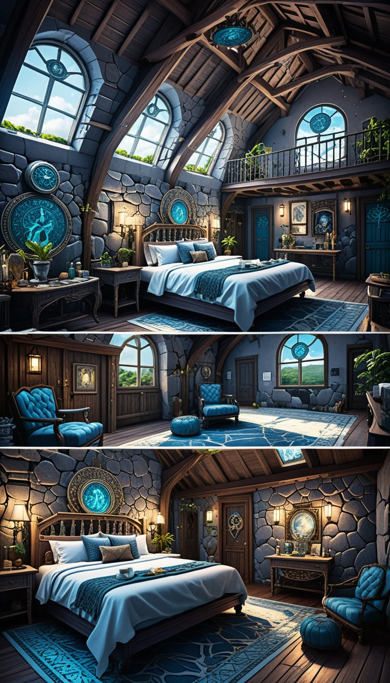 Interior de uma casa longa viking com pedra, madeira e um quarto no mezanino