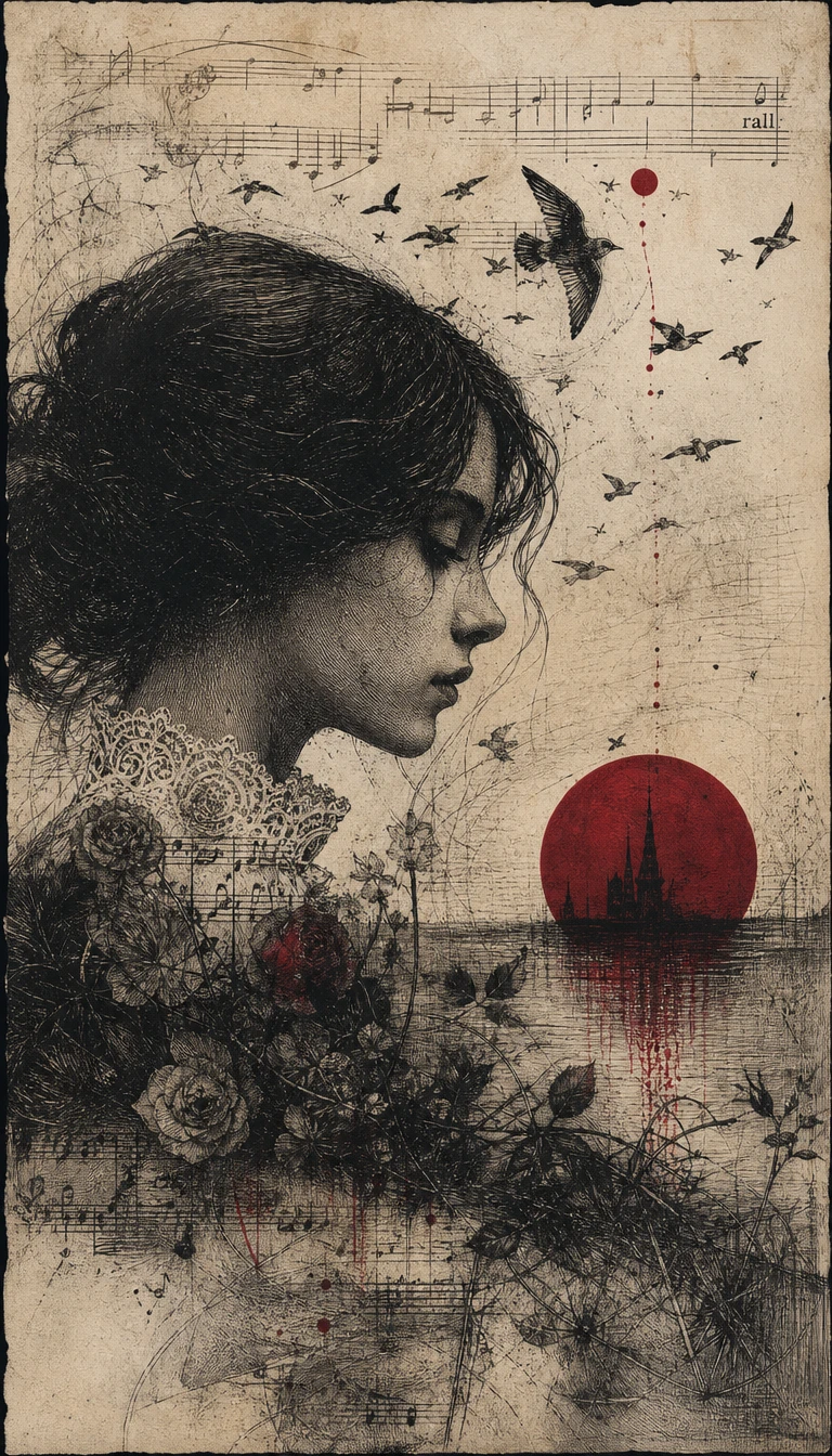 An Etched Illustration With Crimson Accents And Integrated Musical Notation