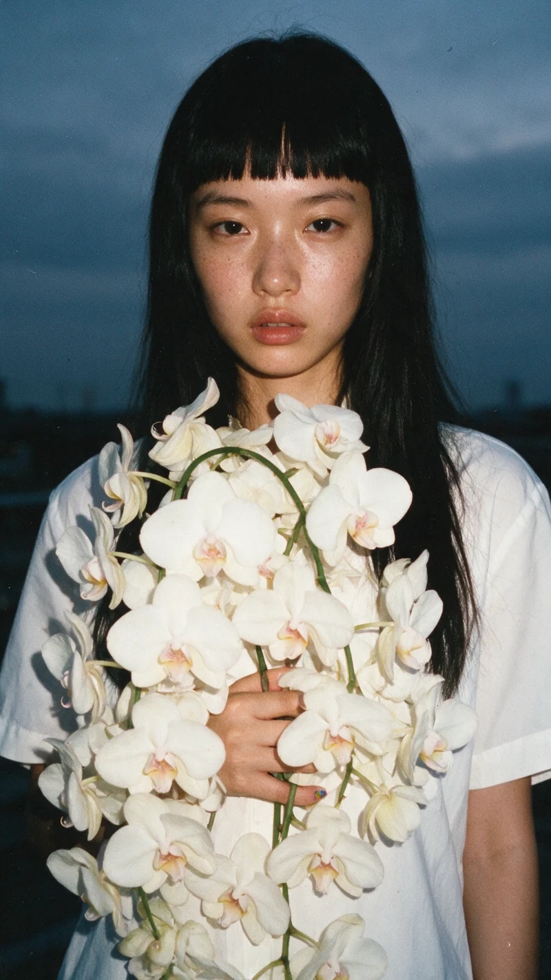 Jovem com orquídeas brancas num retrato de moda ao ar livre, com um estilo espontâneo