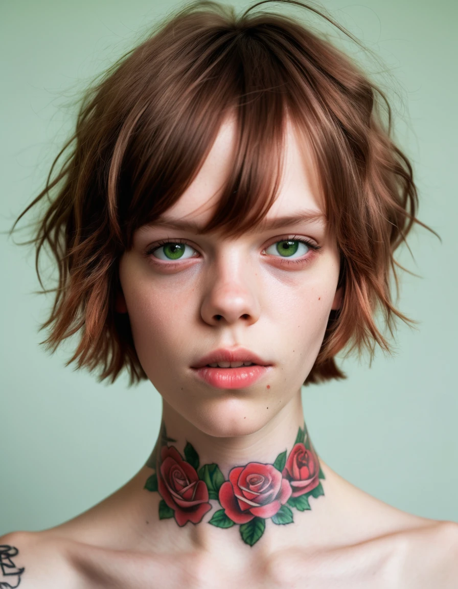 Uma jovem com cabelo ruivo-claro curto, olhos verdes e uma tatuagem de rosa