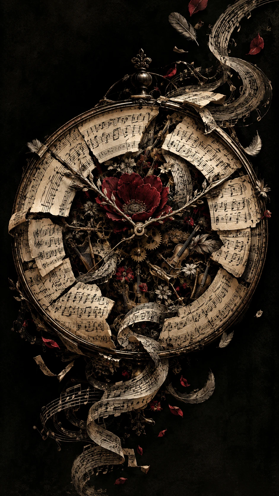 Eine antike Uhr schwebt in der Dunkelheit, ihr Zifferblatt besteht aus handgeschriebener Musiknotation
