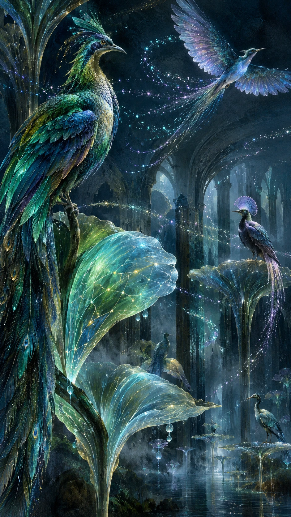 Aves fantásticas pousam entre plantas translúcidas num aviário noturno