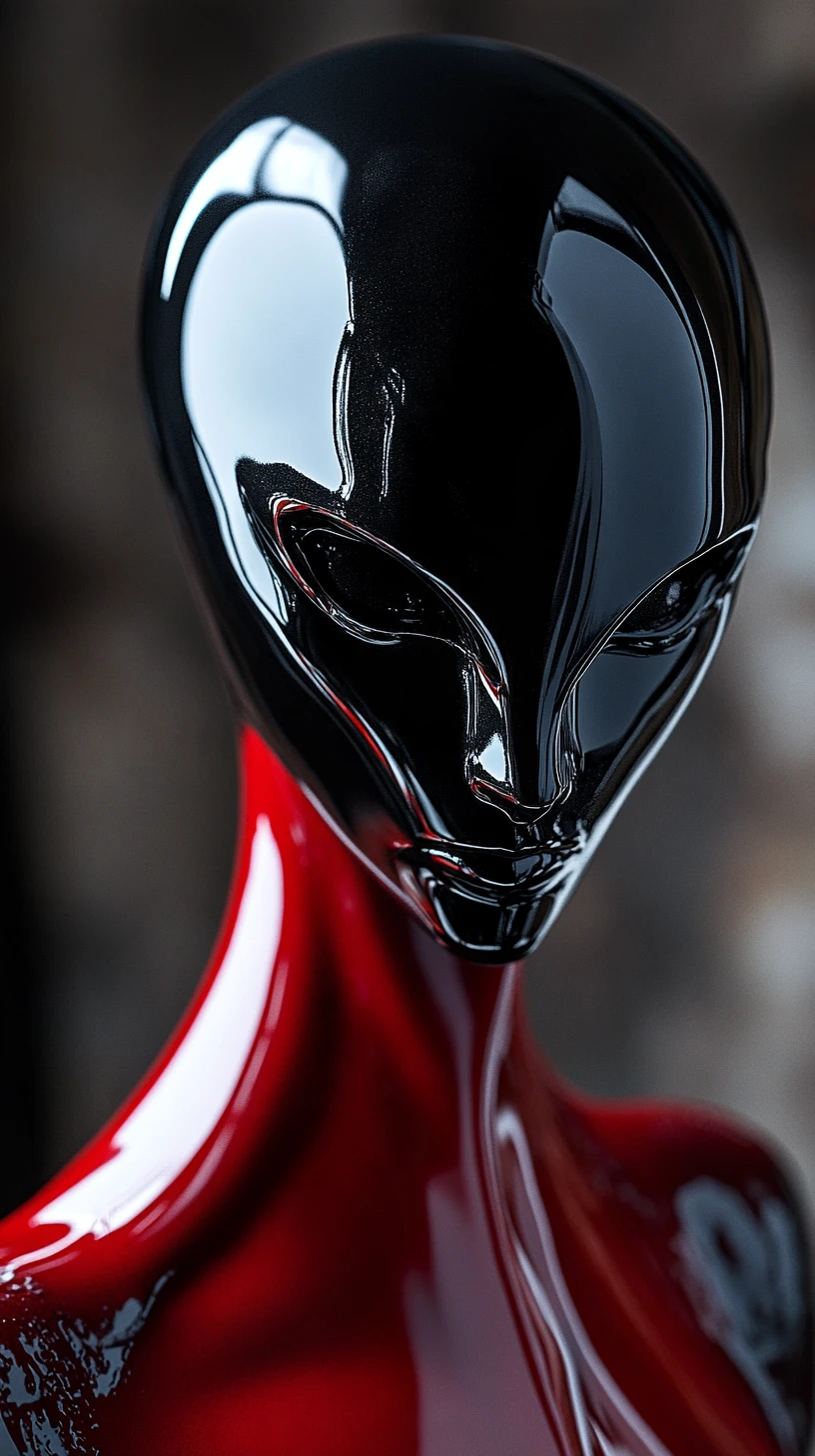 Une figurine de vampire en latex brillant devant une arche gothique floue