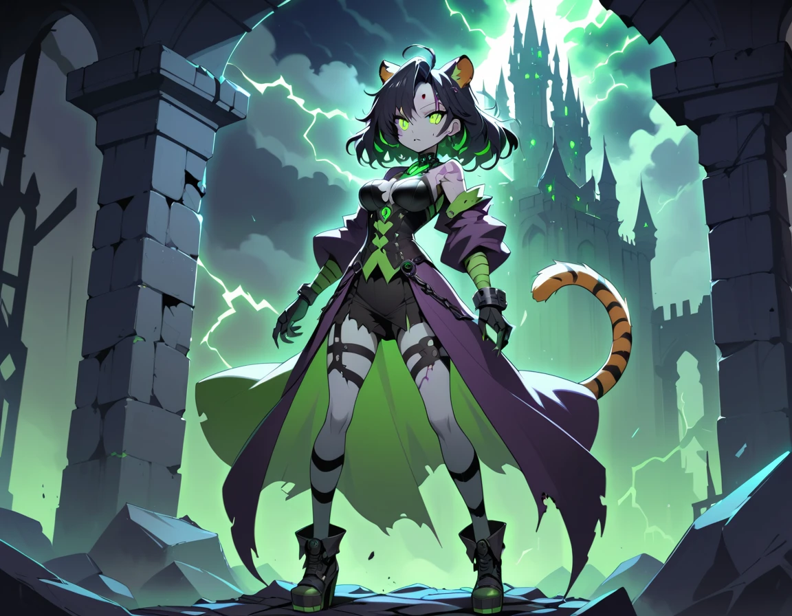 Uma mulher híbrida de tigre em estilo anime na varanda de um castelo em ruínas