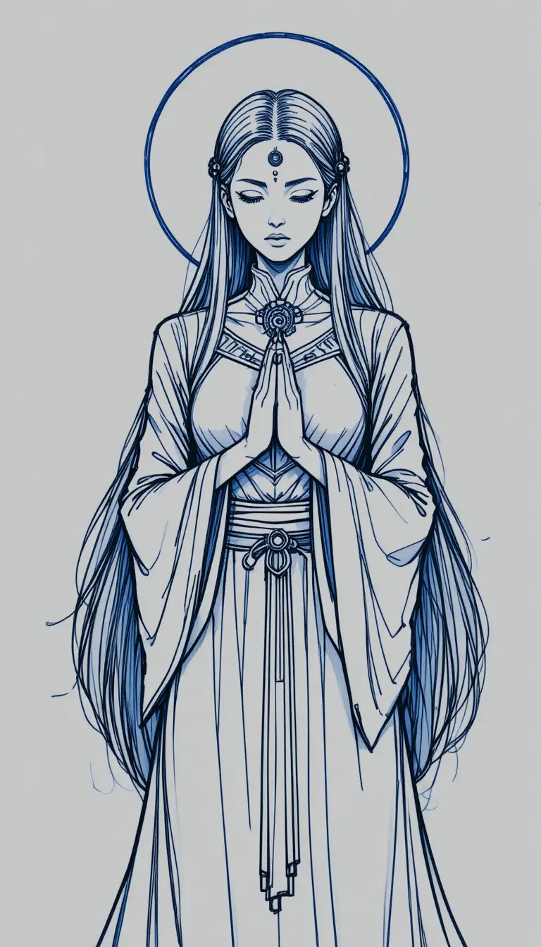 Una sacerdotessa manga in meditazione, con un terzo occhio e un'aureola luminosa