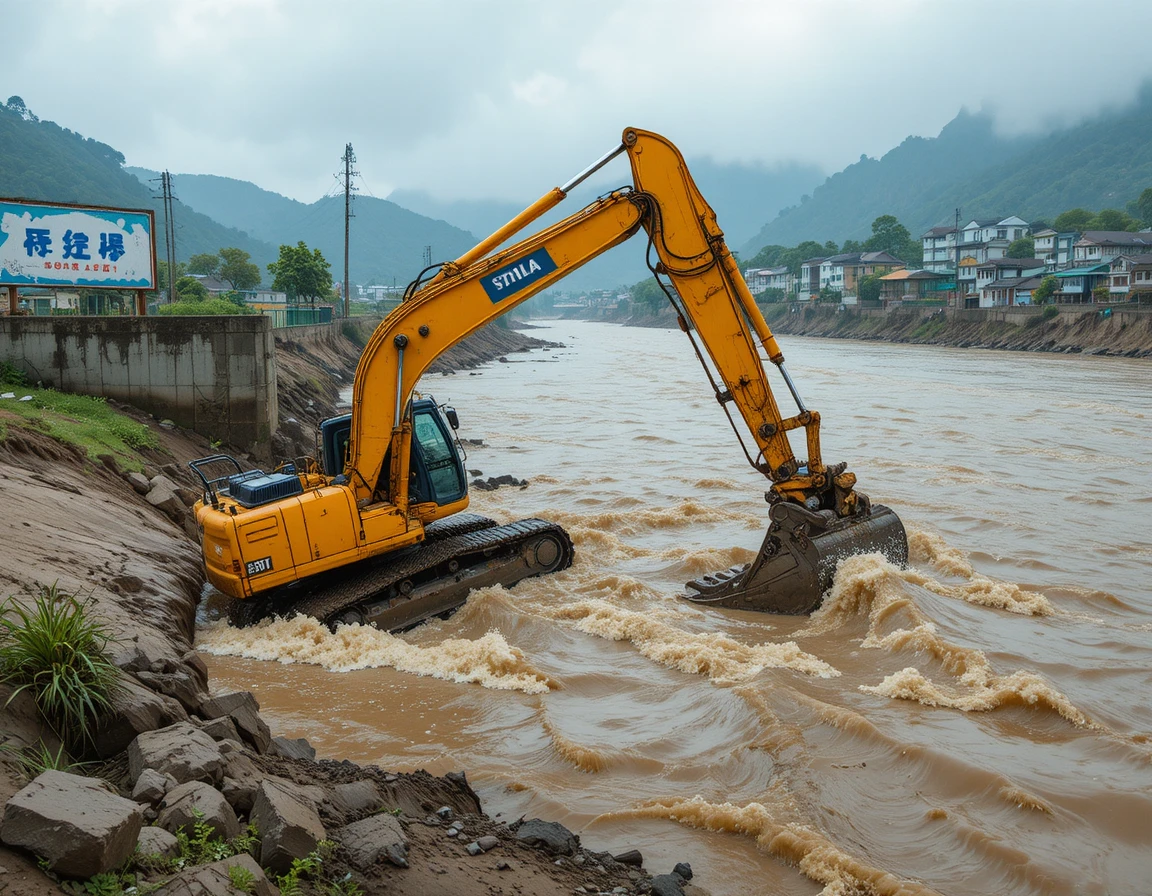 Uma escavadeira amarela desliza para as águas lamacentas da cheia junto a um rio transbordante