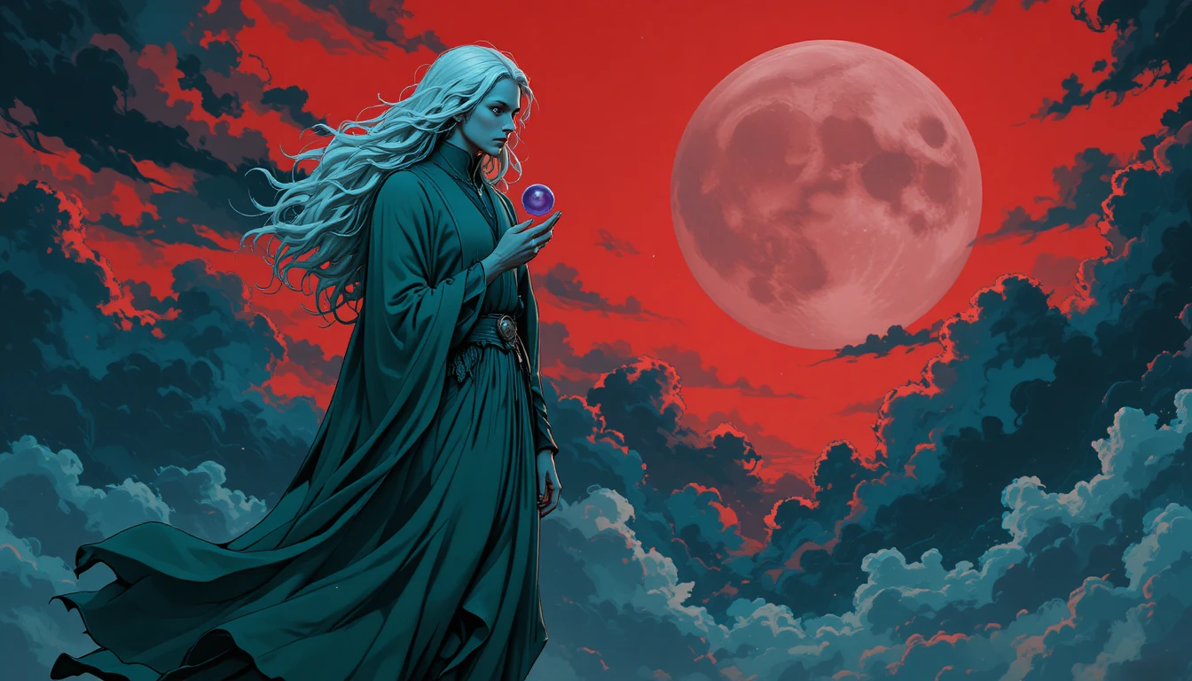Uma figura flutuante segura um orbe violeta sob uma lua vermelha