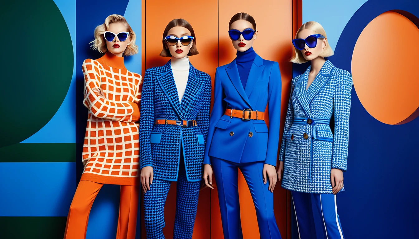 Five women pose shoulder to shoulder in a colorful fashion campaign