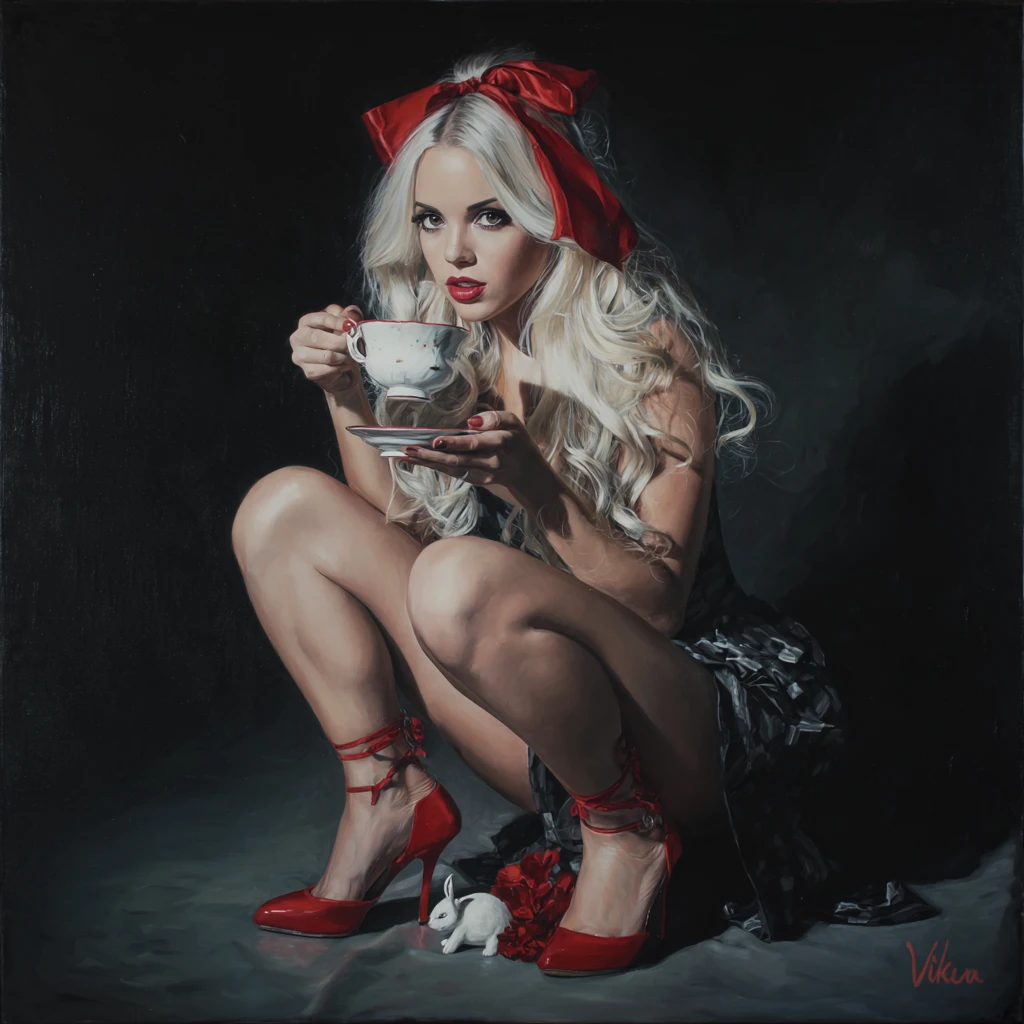 Uma mulher glamorosa de estilo retrô segura uma xícara de chá em uma pintura de conto de fadas sombrio