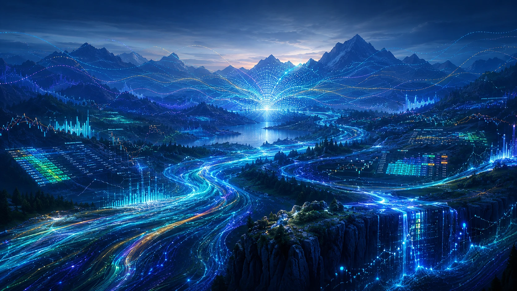 Eine Dämmerungslandschaft, durchzogen von leuchtenden Strömen numerischer Daten