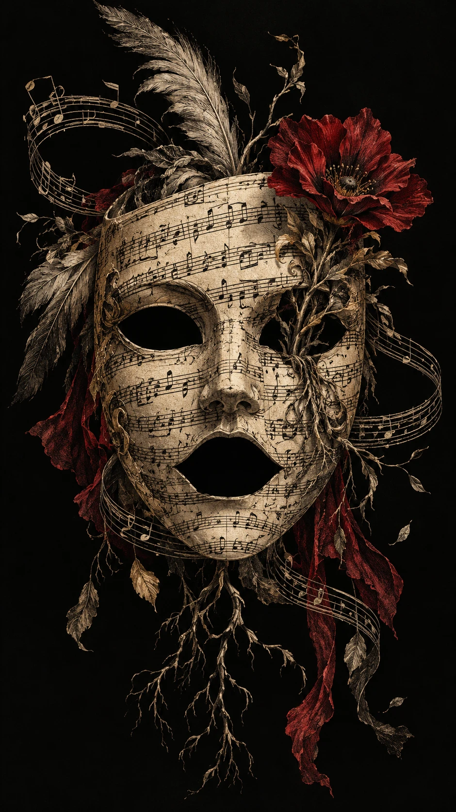 Eine antike Theatermaske aus eingravierter Musiknotation