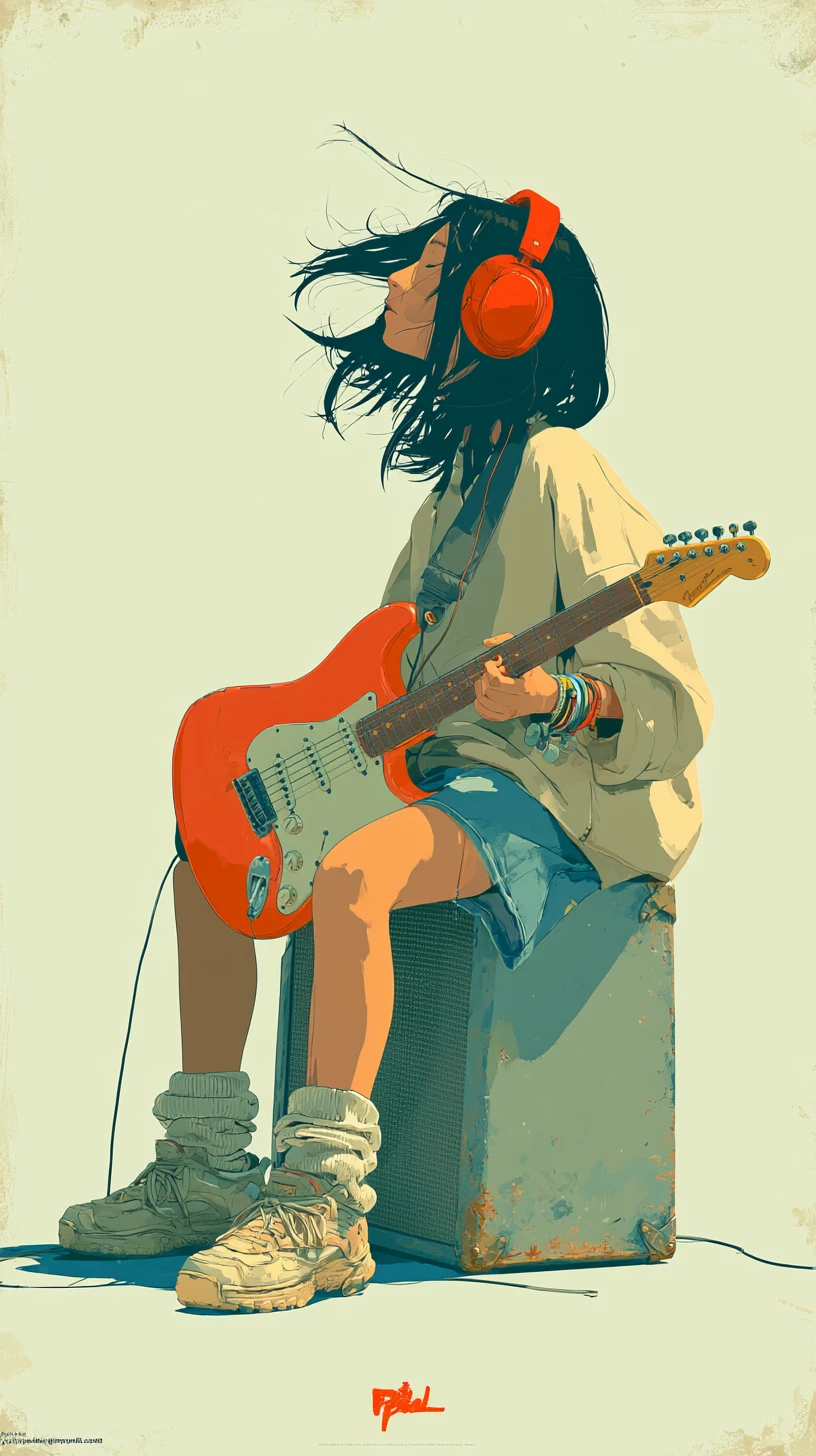 Garota de anime tocando guitarra elétrica sentada em um amplificador vintage