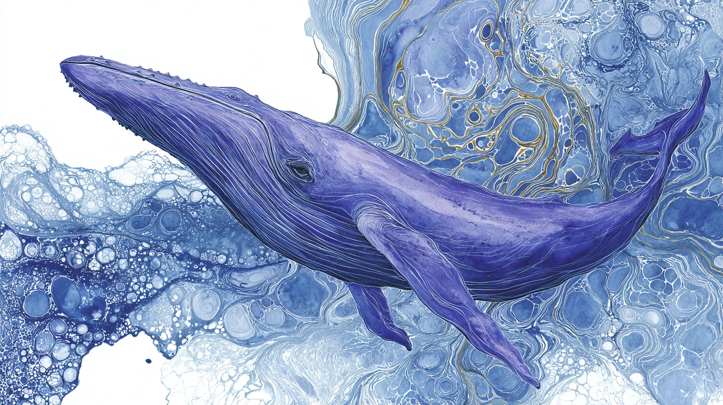 Uma baleia-azul atravessa o oceano em meio a redemoinhos