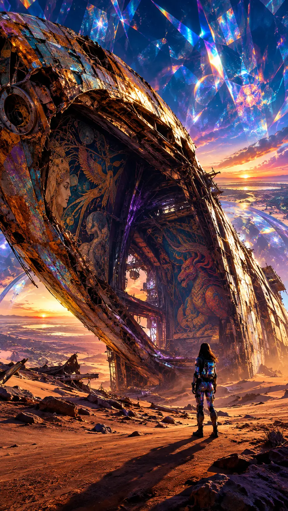 沙漠荒原中，星際巡洋艦的殘破艦身深埋其中