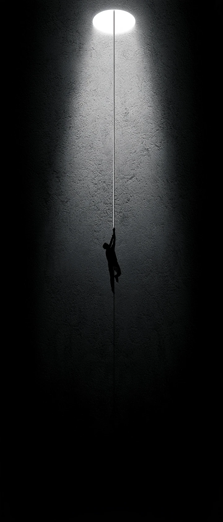 A Silhouetted Climber Ascends a Glowing Cable Toward a White Light