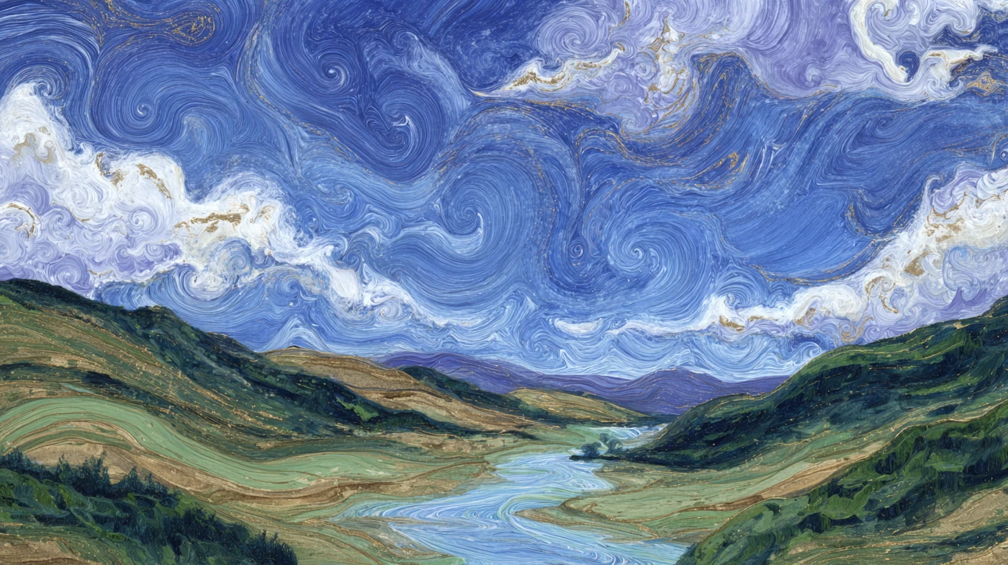 蜿蜒的河流穿過綠意盎然的低地，流淌於旋捲白雲之下