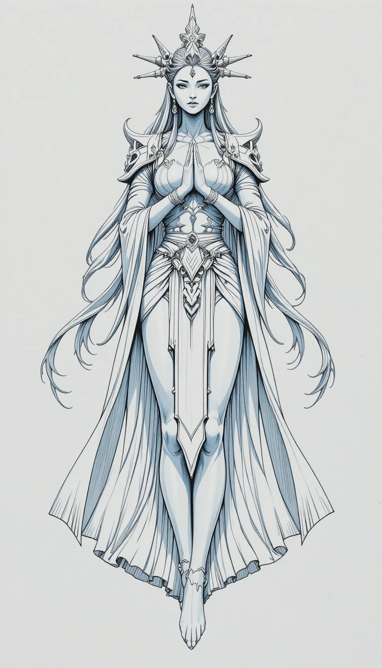 Uma serena deusa de anime com vestes cerimoniais sobre fundo branco