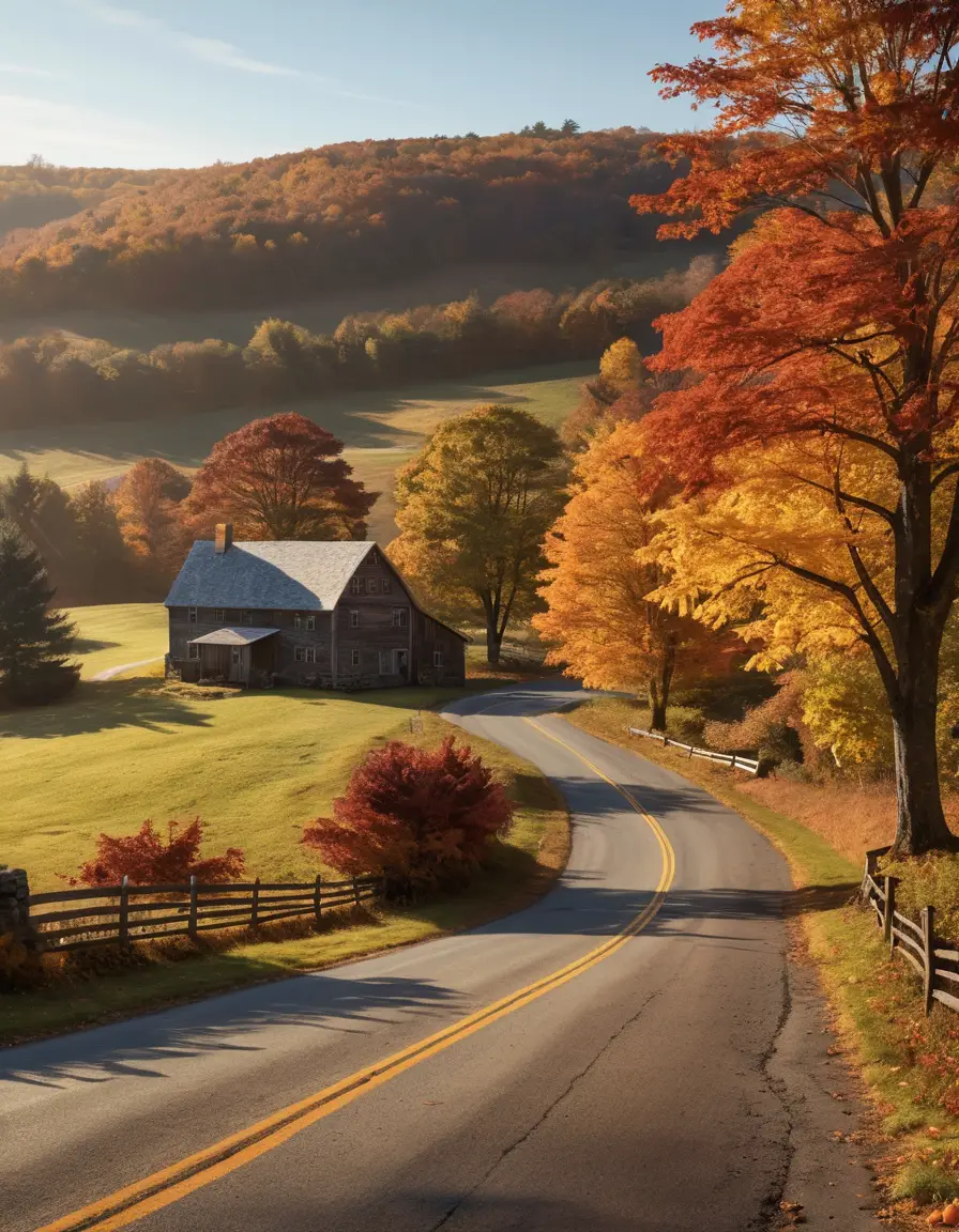 Eine Landstraße schlängelt sich durch die herbstlichen Hügel Neuenglands