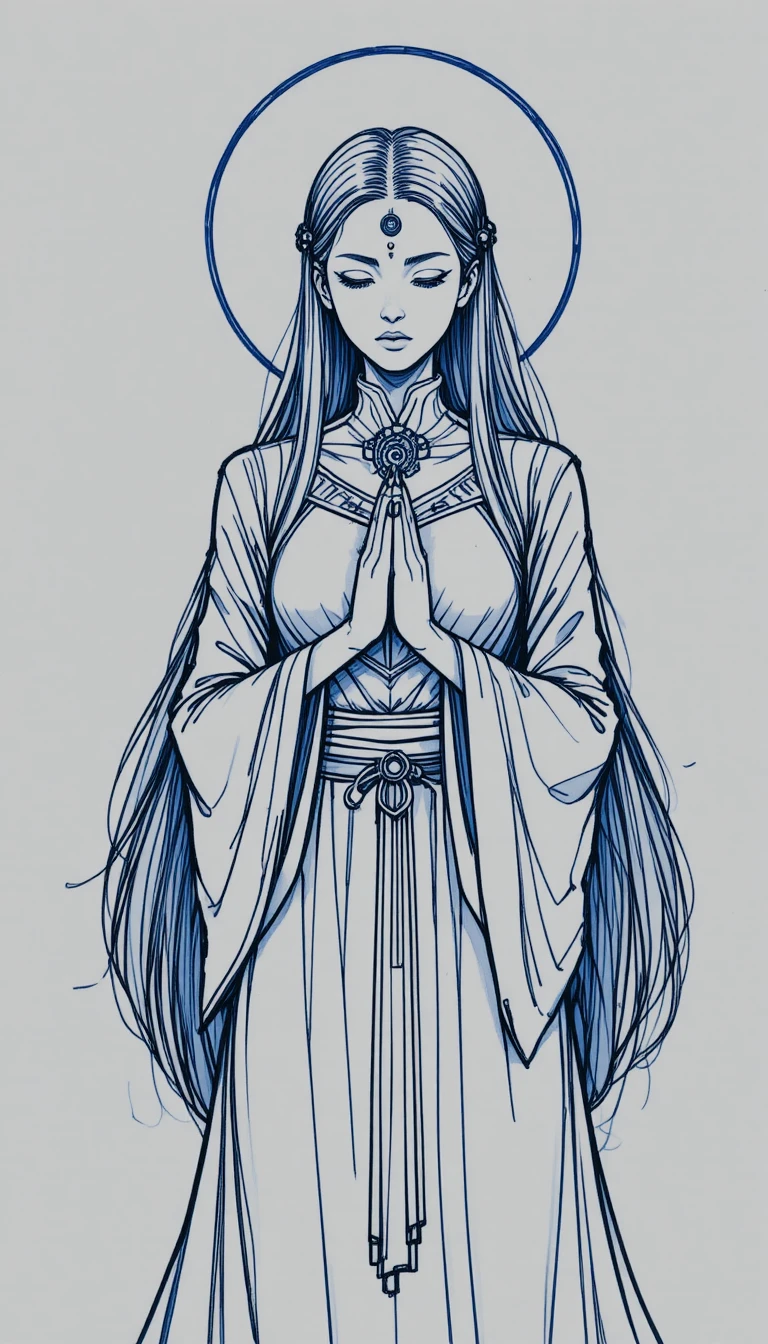Uma sacerdotisa de mangá em meditação, com um terceiro olho e uma auréola luminosa