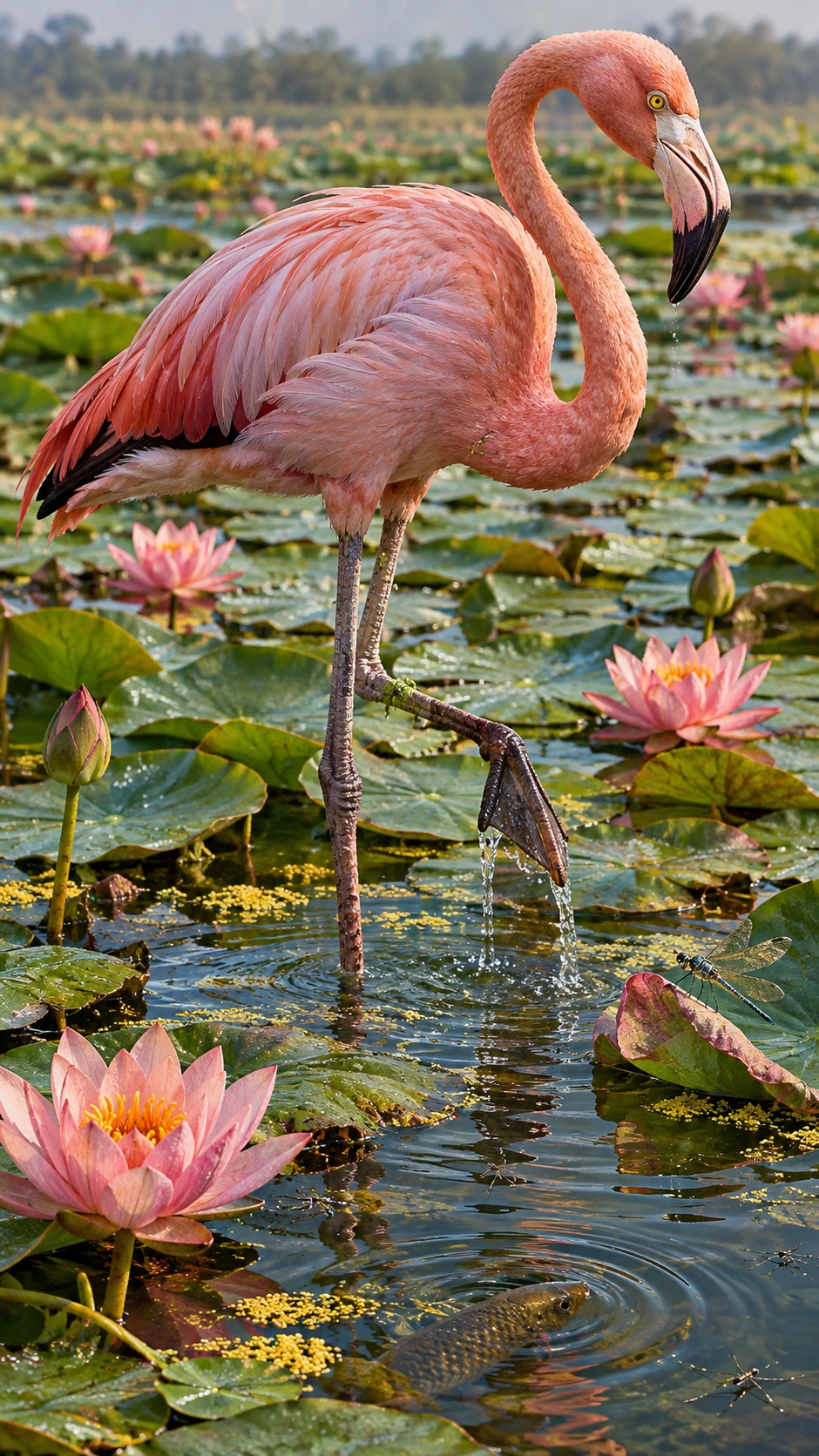 Um flamingo-comum atravessa um lago repleto de folhas de lótus flutuantes