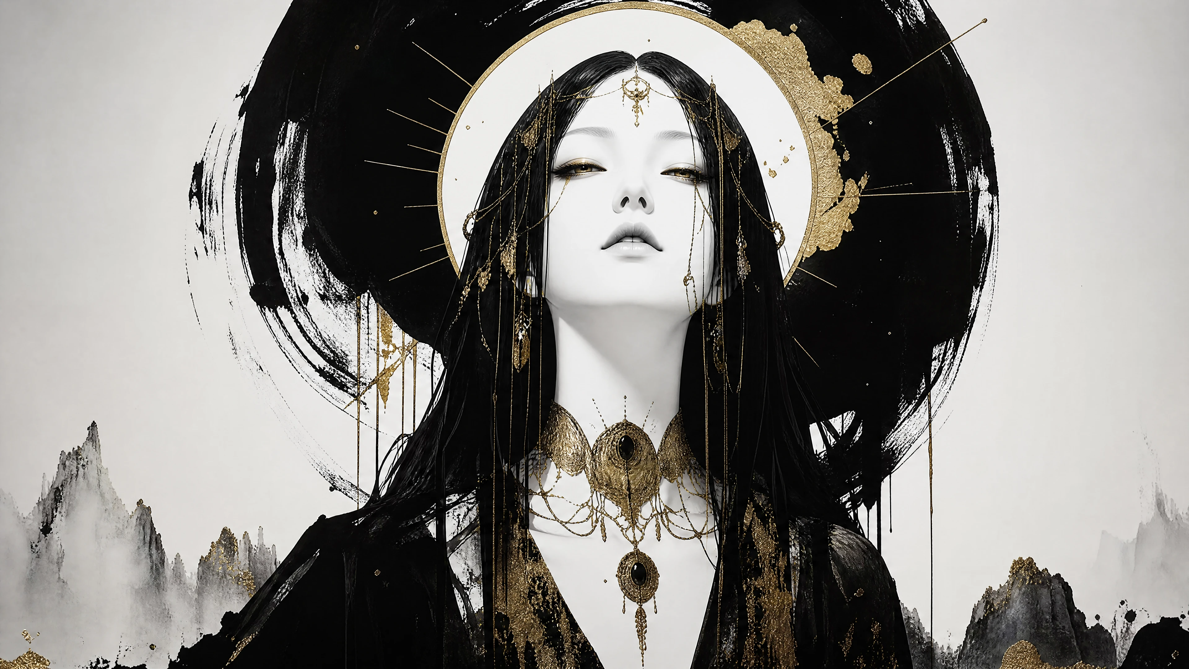 Una mujer de piel clara con detalles dorados en una composición en blanco y negro