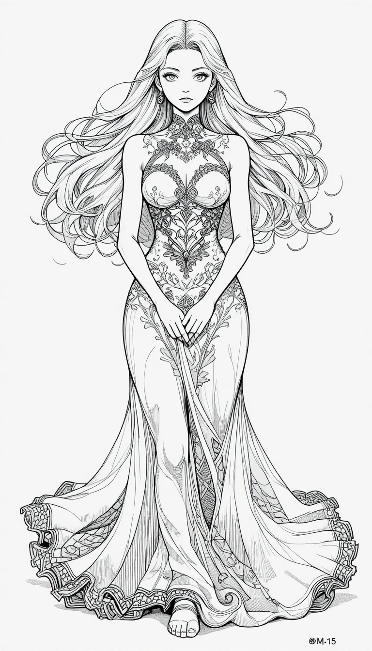 Une femme de style anime aux cheveux flottants, les mains jointes et vêtue d'une robe ornée